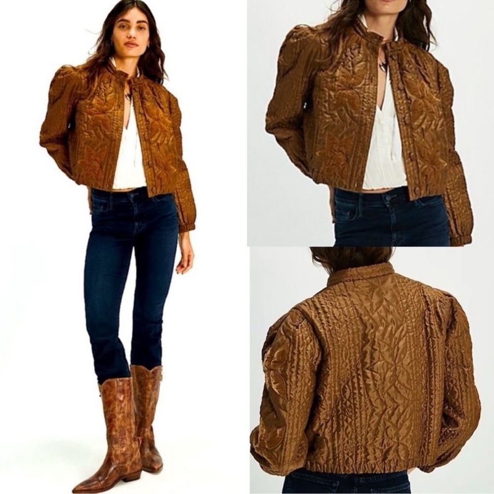 Free People Quinn Quilted Jacket NWT Small Brown Cropped Puff Sleeve Boho
